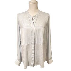 Lou & Grey Jersey Knit Blouse Collarless Silver Grey Button Down Office SMALL